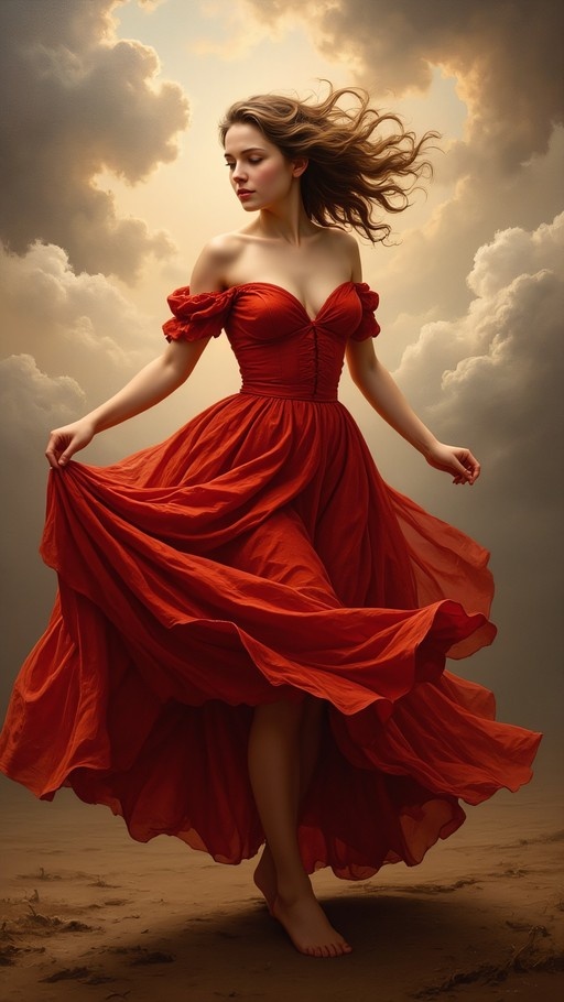 Barefoot woman in flowing crimson off-shoulder dress holding skirt hem, windswept brown hair, dramatic cloudy sky background, oil painting style.
