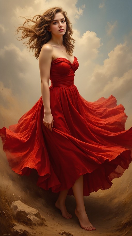 A woman in a flowing red strapless dress stands barefoot in the wind with her hair and skirt swirling against a cloudy sky.