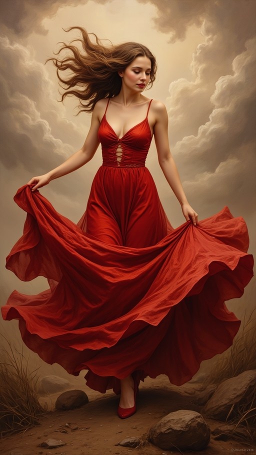 A digital oil painting of a woman with long brown hair wearing a flowing crimson dress, holding the fabric wide as if in a windstorm against a dramatic sky.