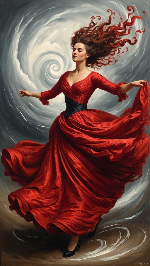 A digital oil painting of a woman in a flowing red dress and black corset spinning amidst a swirling stormy sky.