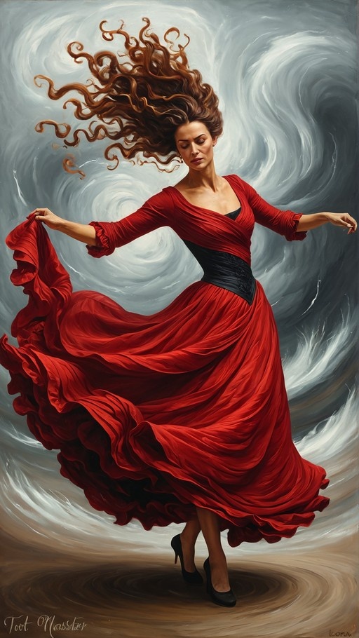 A woman in a flowing red dress spins dynamically in a windstorm, her long brown hair and billowing fabric captured in thick oil painting brushstrokes against a dramatic sky.