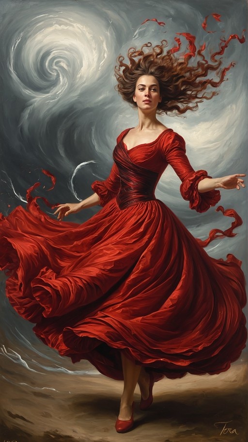 A full-body digital painting of a woman with long brown hair in a flowing red dress spinning amidst a swirling windstorm.