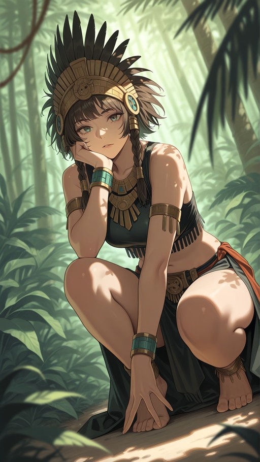 Anime-style illustration of an Aztec princess crouching in a jungle, wearing a feathered headdress and gold jewelry.