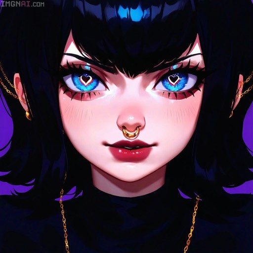Close-up digital portrait of Mavis Dracula featuring blue eyes with heart-shaped pupils, a gold nose ring, and ear-to-nose chains against a purple background.