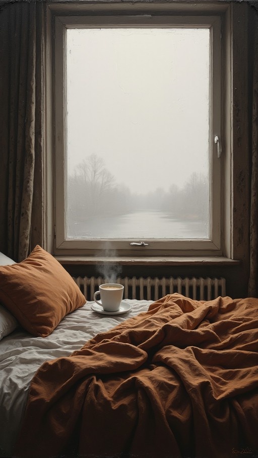 An oil painting depicts a cozy bedroom interior featuring a rumpled orange duvet and a steaming white mug on the bed, facing a window covered in condensation that looks out onto a misty, tree-lined landscape.