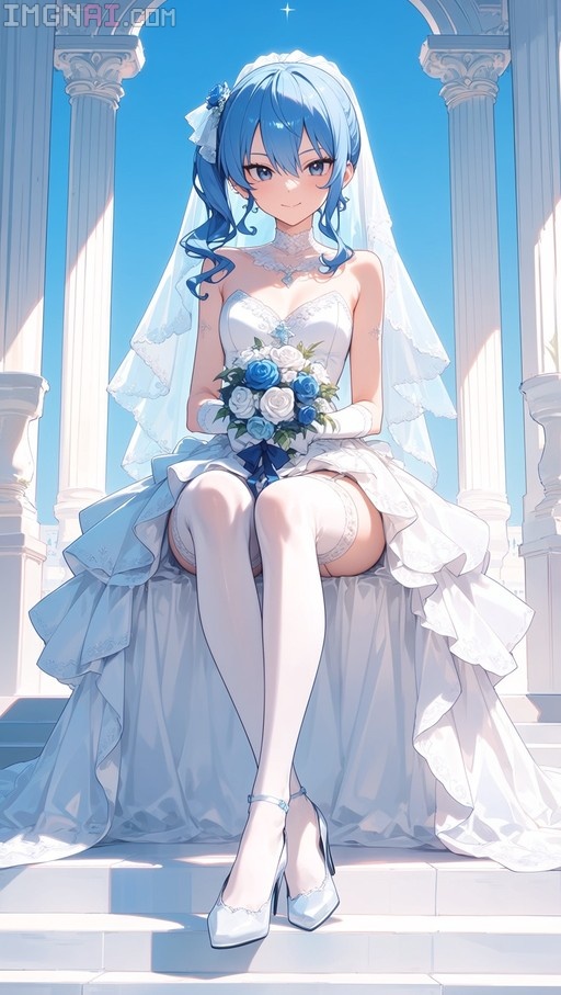 Hoshimachi Suisei in a white wedding dress and veil holding a blue flower bouquet while sitting on stone steps.