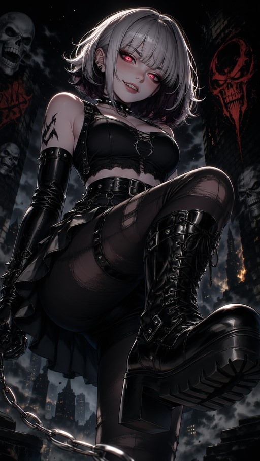 Low-angle digital illustration of a goth woman with grey hair and red eyes wearing black latex boots, a spiked choker, and holding a chain against a dark background with skulls.