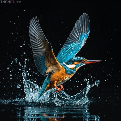A vibrant Kingfisher bird with iridescent blue wings and an orange chest is captured in mid-flight above splashing water against a solid black background.