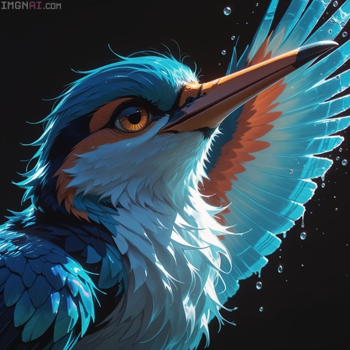 Close-up digital illustration of a vibrant blue kingfisher bird with white and orange feathers, surrounded by floating water droplets against a black background.