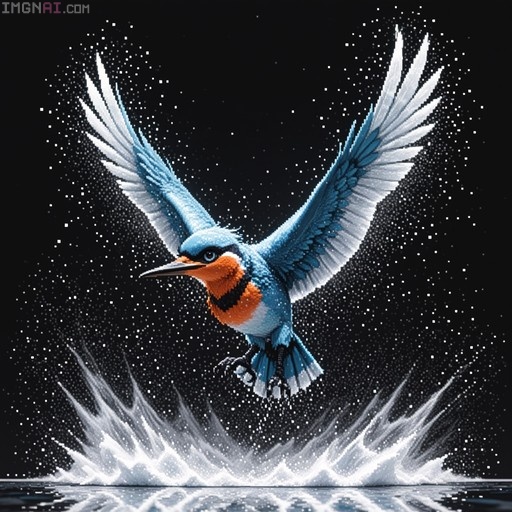 Pixel art depiction of a blue and orange Kingfisher bird flying over water with a splash against a black background.
