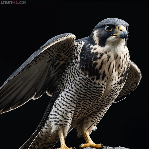 A realistic Peregrine Falcon standing on a rock with wings slightly spread against a black background.
