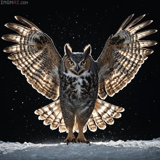 A realistic Great Horned Owl with wings spread wide and talons extended, standing on snow against a black background.