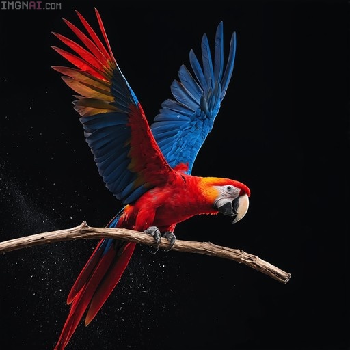 Scarlet Macaw spreading red and blue wings on a branch against a black background.