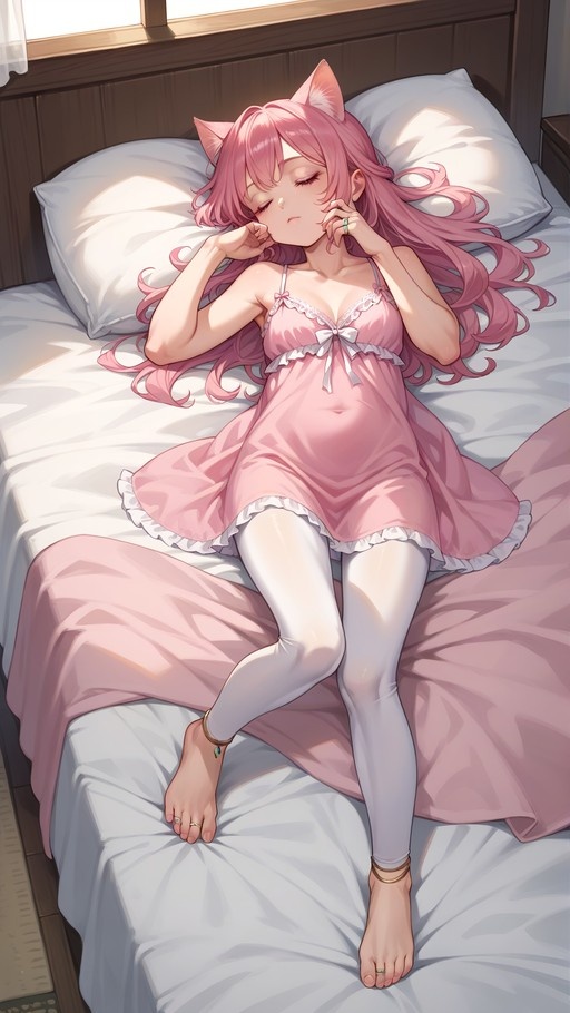 A pink-haired anime girl with cat ears sleeps on a bed wearing a pink nightgown and white tights, surrounded by jewelry.