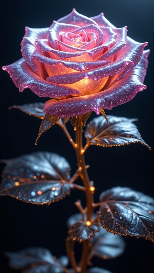 A translucent glass rose with pink and purple petals glowing from within, featuring gold accents on the stem and leaves against a dark background.