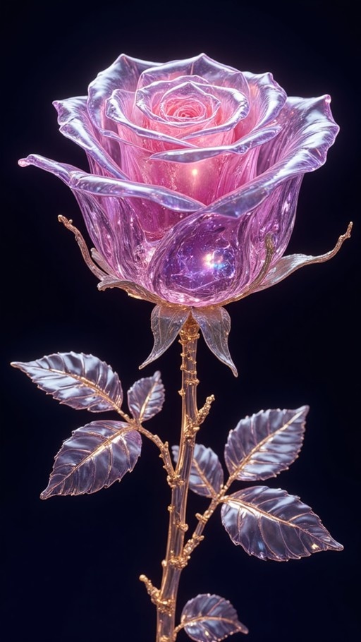 A close-up of a translucent pink and purple glass rose with gold-trimmed stem and leaves against a dark background.