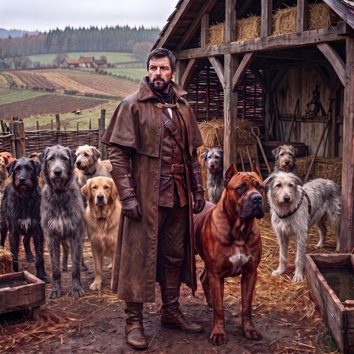 A bearded man in a brown leather coat stands outdoors near a wooden barn surrounded by a pack of large dogs including Irish Wolfhounds and a mastiff.