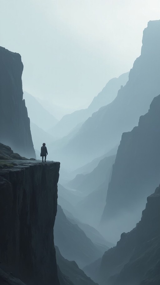 A solitary figure stands on the precipice of a high cliff, overlooking a deep valley shrouded in mist with layers of mountains fading into the distance.
