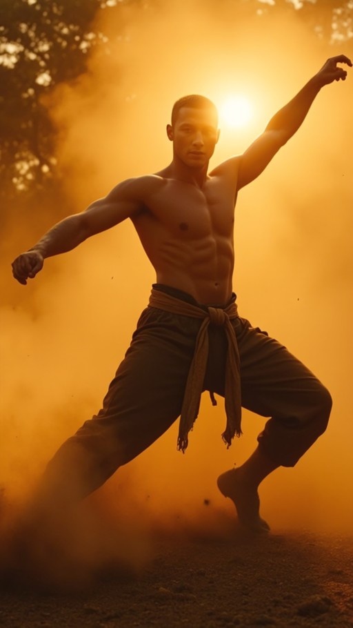 A shirtless muscular man in a fighting stance surrounded by orange dust and sunlight.