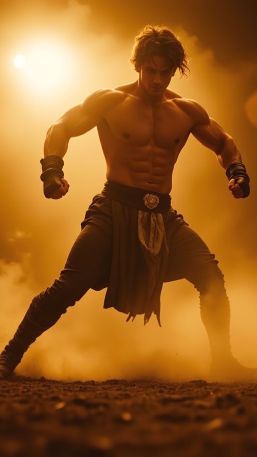 A shirtless muscular man in a fighting stance with hand wraps and dark pants, illuminated by bright orange sunlight in a dusty environment.