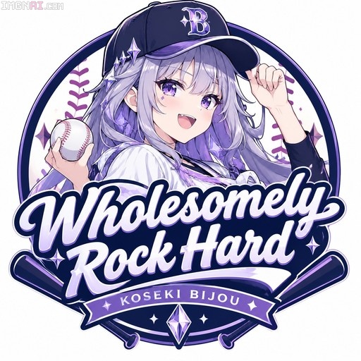Anime-style Koseki Bijou holding a baseball and tipping her cap inside a Wholesomely Rock Hard logo design.