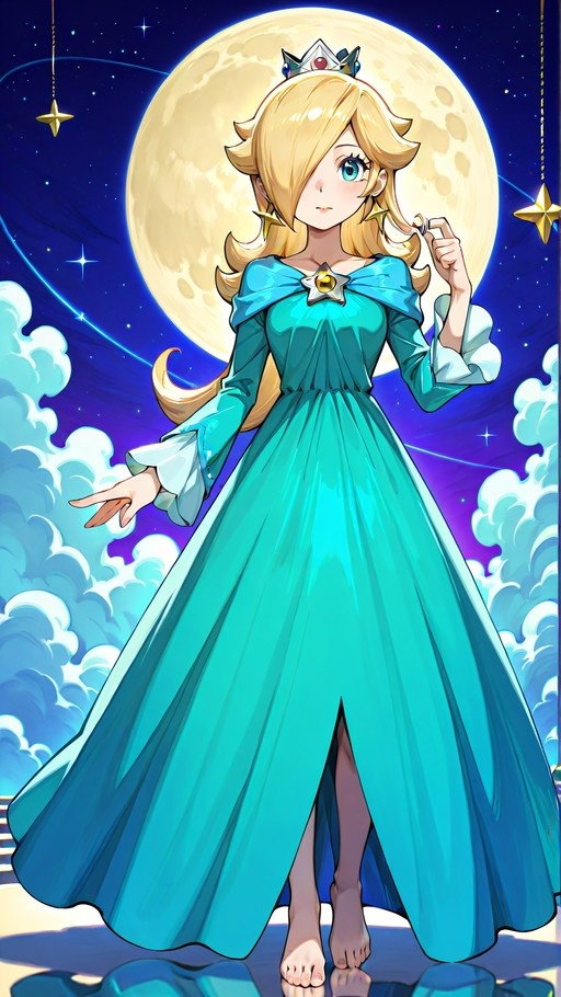 Princess Rosalina in a blue dress reaching out with one hand, standing before a large full moon and starry sky.