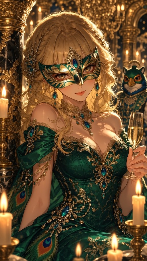 A blonde woman in a green peacock masquerade mask and matching gown holds a champagne glass at a candlelit ball.