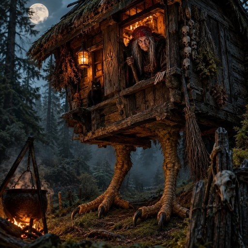 An elderly witch with grey hair leans from a wooden balcony of a hut on giant chicken legs in a dark forest at night.