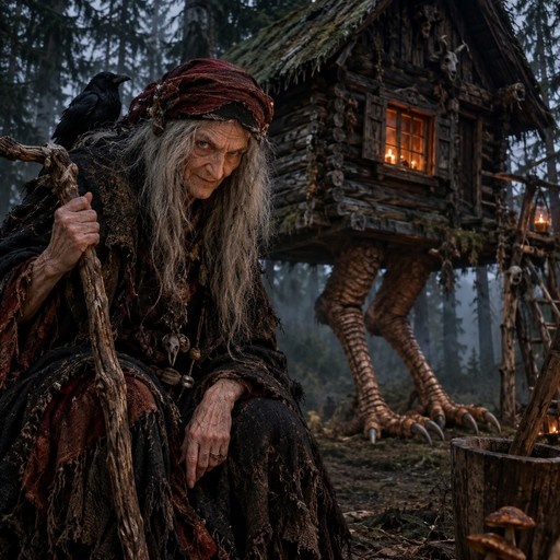 An elderly witch with long grey hair and a red headscarf sits in a misty forest holding a wooden staff, while a black crow rests on her shoulder; behind her stands a rustic wooden hut raised on massive chicken legs.
