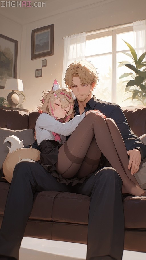 Mococo Abyssgard with pink-streaked hair and dog ears rests happily on the lap of a bearded blonde man while sitting on a couch.