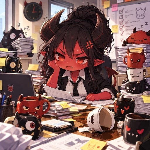 Chibi red-skinned demon girl with black hair and horns sitting at a messy office desk surrounded by stacks of paper and monster-themed coffee mugs, looking stressed.