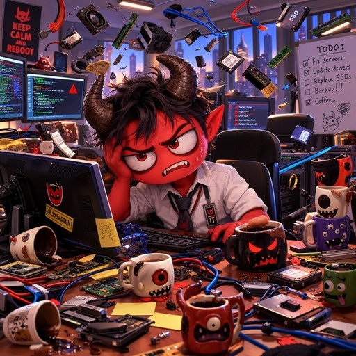 A red-skinned chibi demon with large horns sits at a messy desk filled with floating computer hardware and monster coffee mugs, looking stressed as an IT administrator.