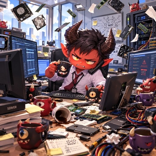 A red-skinned chibi demon with horns sits at a messy desk holding a monster mug, surrounded by floating computer hardware and server racks.