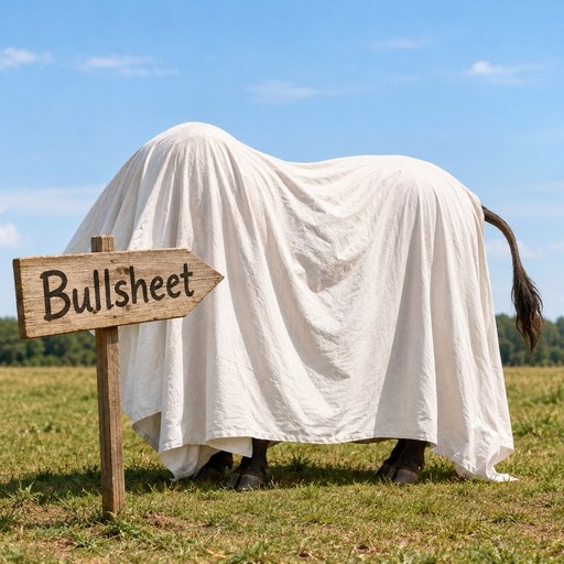 A bull covered by a white sheet standing next to a wooden sign that reads Bullsheet.