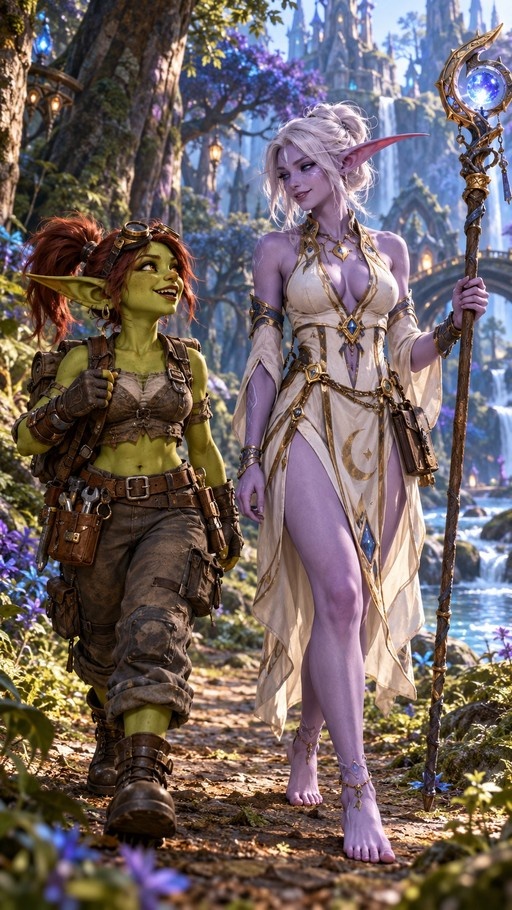 A green-skinned goblin woman with goggles and a tool belt walks beside a barefoot purple night elf priestess holding a staff.