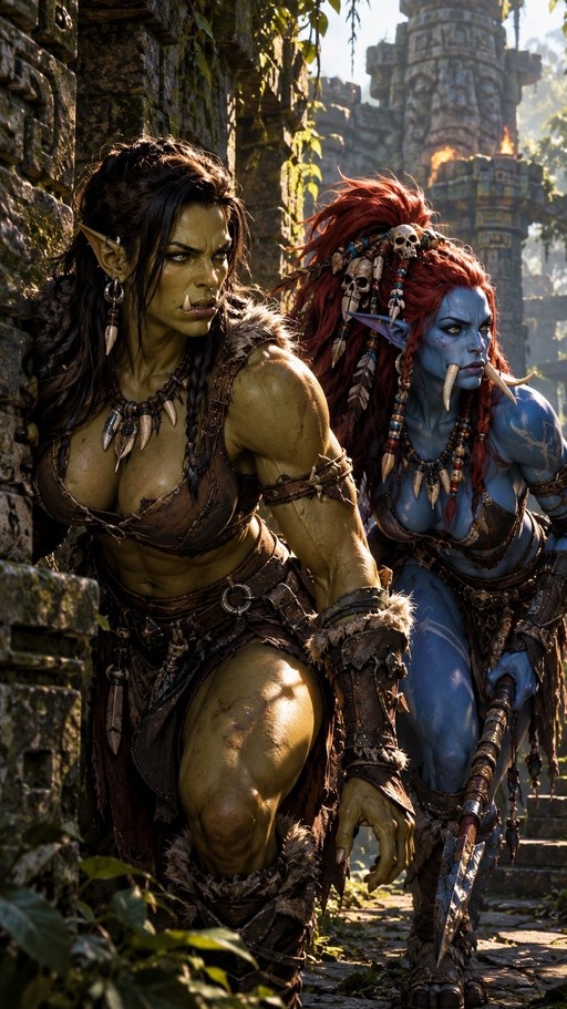 A green-skinned orc and a blue-skinned troll with red hair stand alert in ancient stone ruins, both wearing tribal leather armor and displaying prominent tusks.