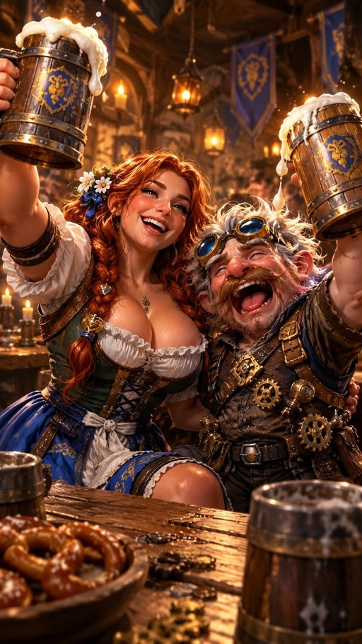 A red-haired female dwarf and a male gnome with goggles raise large wooden beer mugs in a toast inside a warm, candlelit tavern filled with pretzels and banners.