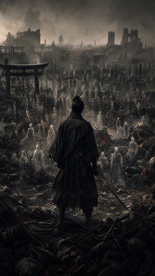 Lone samurai in black robes holding a katana stands amidst rubble overlooking a vast field of ghostly figures and ruined structures under a dark sky.