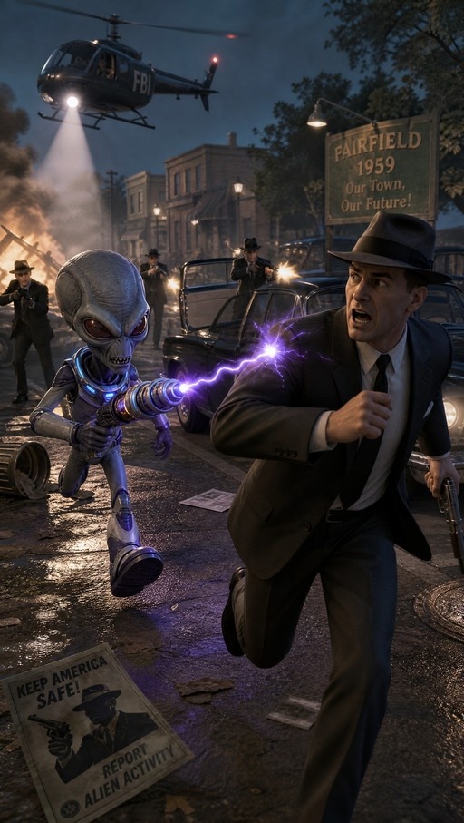 Crypto from Destroy All Humans firing a purple energy beam at a running federal agent in a 1950s street setting.