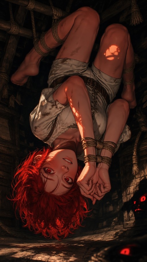 A red-haired woman hangs upside down in a dark cellar, bound by thick ropes at her wrists and ankles. She wears a dirty white outfit and gazes upward with red eyes as a shadowy figure with glowing red eyes watches from the corner.