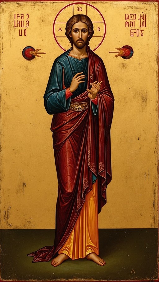 A full-body Byzantine-style icon of a solemn saint with brown hair and beard, wearing red and blue robes against a gold background with a cross-halo.
