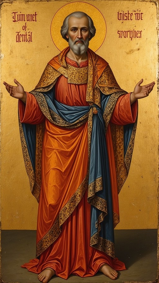 A Byzantine-style icon of a solemn old saint with grey hair and beard, wearing orange and blue robes against a gold background.