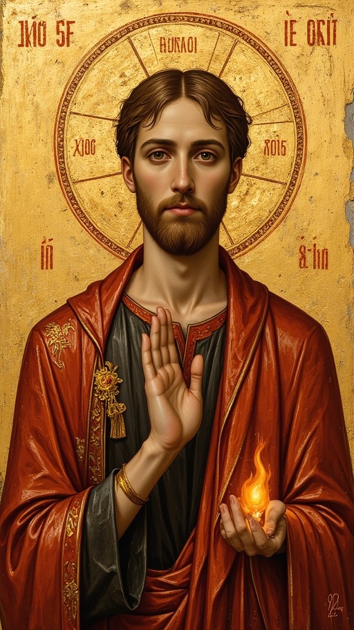 A solemn male figure in a red robe holds a flame against a gold Byzantine background with a halo.