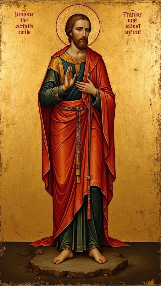 A full-body Byzantine-style icon of a bearded man with a halo, wearing red and green robes, standing on stone against a gold background.