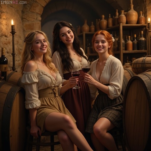 Three smiling women in 18th-century dresses holding wine glasses in a candlelit cellar.