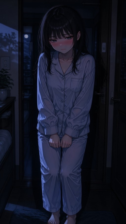A blushing anime girl with long black hair stands barefoot in oversized pajamas in a dark bedroom at night.