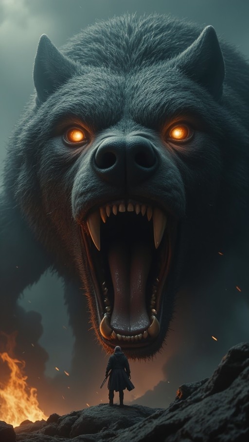 A gigantic demonic wolf with glowing orange eyes and sharp fangs roars down at a lone warrior standing on rocky terrain.