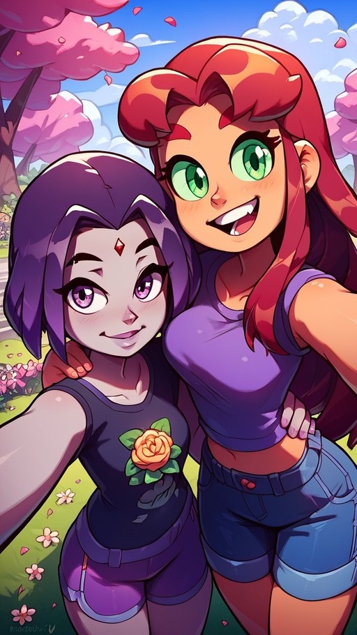 Digital illustration of Raven and Starfire from Teen Titans taking a selfie in a park with pink trees. Raven has purple hair and grey skin, while Starfire has orange skin and red hair. They are smiling at the camera.