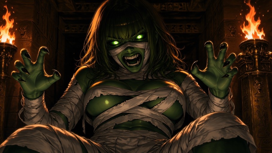 A green-skinned female mummy with glowing eyes and sharp teeth roars while raising her clawed hands in a torchlit Egyptian tomb.