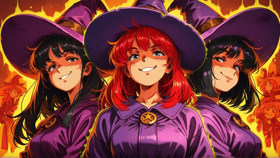 Three anime-style witches in purple hats and coats smiling against a fiery background